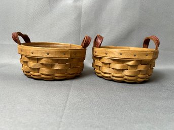 2 Small Longaberger Leather Handled Baskets With Plastic Inserts.