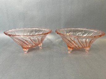 Two Pink Depression Glass Footed Bowls