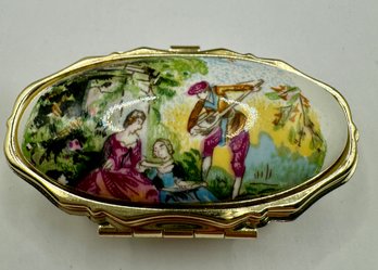Small Porcelain Top Gold Tone Pill Box