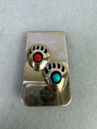 Money Clip With Red & Blue Bear Footprints With Stones