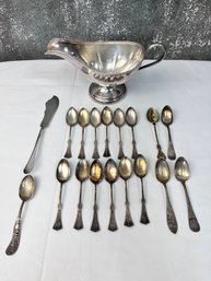 Silver Plate Gravy Boat And Vintage Spoons.