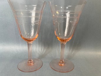 Etched Pattern Pink Depression Glass Wine Footed Goblets