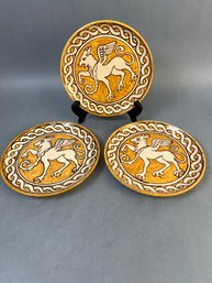 3 Vintage Made In Pisa Italy Griffin Hand Painted Plates.