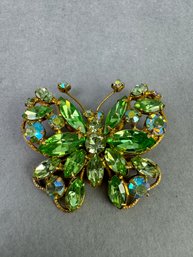 Green Rhinestone Butterfly Brooch By Regency