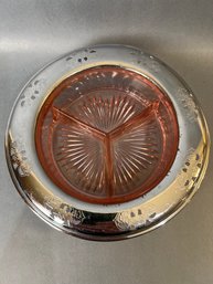 Pink Depression Glass Dived Dish With Silver