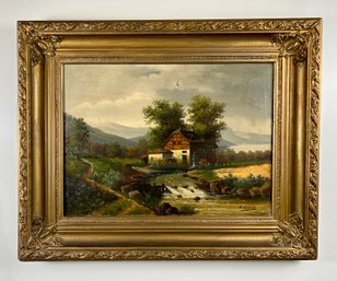 Antique Frame With Beautiful Oil Of Pump House And Lady Walking