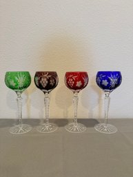 Four Colored Cut Crystal Grape Design Wine Hock Stemware