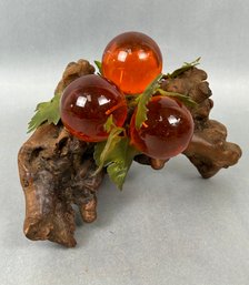 Vintage Amber Acrylic Orange Grapes On Wood Sculpture Decor
