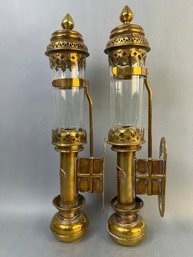 Pair Of Antique Brass And Glass Northern Railway Carriage Candle Lanterns.  Stamped GNR