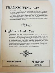 1949  Highline Pirates Thanksgiving Football Insert Of  Program