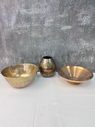 2 Brass Bowls And A Vase.