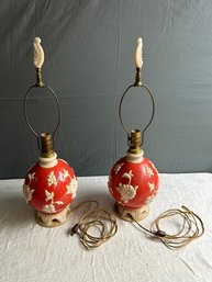 Vintage Alladin Alacite Coral Custard Floral Table Lamps