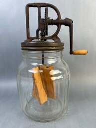 Antique Glass And Wood & Iron Butter Churn.