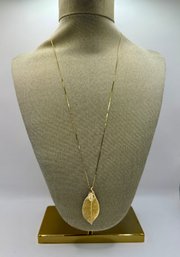 14k Yellow Gold Necklace With Filigree Gold Leaf Pendant