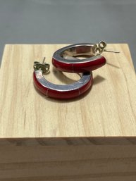 Sterling Loop Earrings With Red Stone Inlay, Post Back