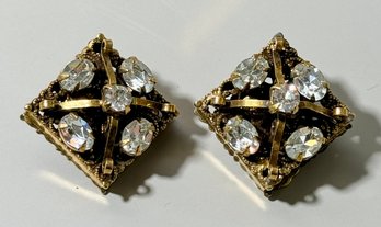 Rhinestone And Goldtone Square Clip Earrings