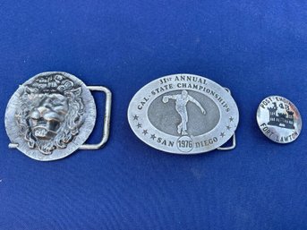 Lot Of 3 - 2 Belt Buckles & Tie Pin 31st Annual Cal-State Championship Bowling & Lion