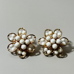 Vintage Goldtone And White Clip On Earrings