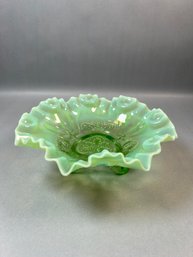 Jefferson Green Opalescent Glass 3 Footed Bowl Meander Pattern