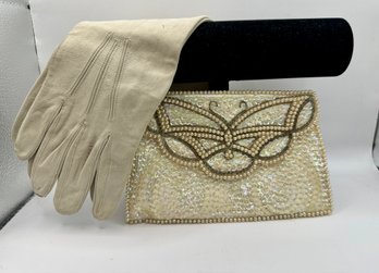 Pearl And Sequin Evening Clutch And Long Sleeve Gloves