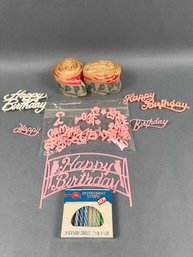 Lot Of Birthday Decorations With Crepe- Letters-candles And Happy Birthday Cake Decorations.