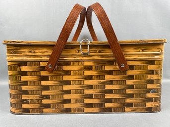 Vintage Wicker Look Tin Picnic Basket With Wood Handles.