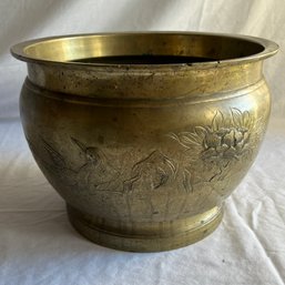 Heavy Chinese Style Brass Pot  - Heron Bird And Flower Motif