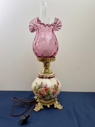 Vintage Hurricane Style Lamp  W/light Purple Glass Shade