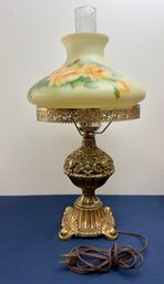 Vintage Gold Tone Lamp With Painted Floral Glass Shade