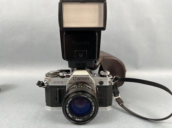 Vintage Canon AE-1 With Flash Attachment.