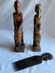 Lot Of 2 African Drummer Figurines With 1 Wooden Figurative Comb