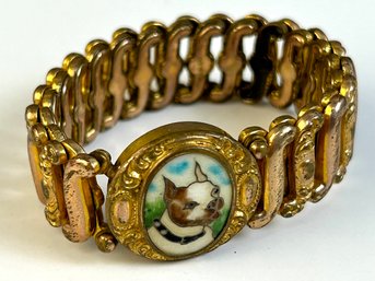 Vintage Gold Tone Bracelet With Painted Dog Accent