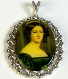 Vintage Victorian Lady Portrait On Silver Pendant