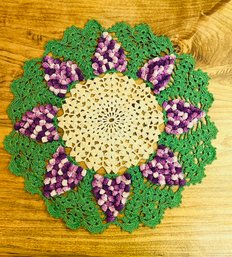 Vintage Crocheted Beige, Green And Purple With Grapes Table Scarf