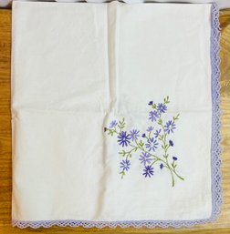 Vintage Table Cloth Embroidered Cream With Purple Floral Pattern