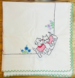 Vintage Table Cloth Embroidered  With Adorable Dog Pattern