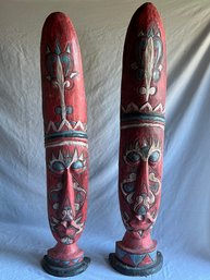 Set Of 2 Large African Style Painted Standing Mask Figurines Idols -Local Pick Up Only