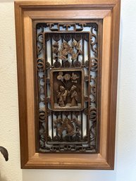 Chinese Qing Style Relief Carved Wood Window Panel Art Framed