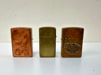 Lot Of Three Vintage Brass And Copper Zippo Lighters