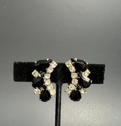 Jet Black Stone And Rhinestone Costume Clip Earrings