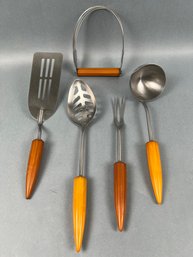 Lot Of 5 Vintage Amber Bakelite Androck Cooking Utensils.