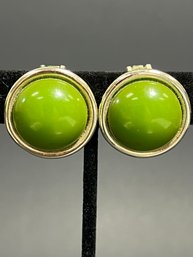 Vintage Bergere Green Stone And Gold Tone Clip Earrings