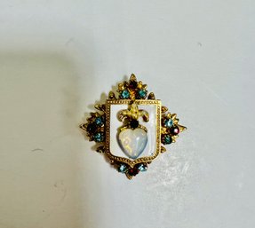 Vintage Regal Shield Brooch With Faux Opal Heart, Seed Pearls And Rhinestone