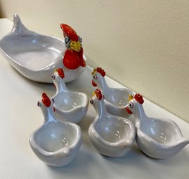Ceramic Rooster Dish With Individual 5 Serving Dishes. Made In Italy.