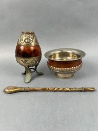 Vintage Unique Mate And Bambillo Yerba Gourd Herbal Tea Cup With Straining Straw And A Bowl.