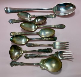 Mixed Lot Of 10 Silver Plate Serving Pieces - Forks, Spoons