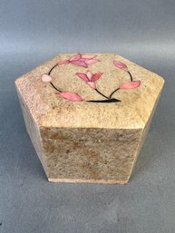 Carved Stone Box With Pink Flower Inlay And Hinged Cover.