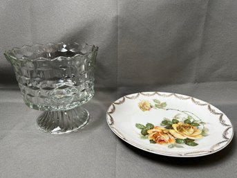 Glass Compote And A  Floral Plate.