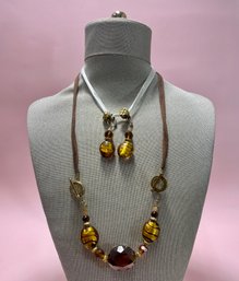 Gold Tone Glass Beaded Earring And Necklace Suite