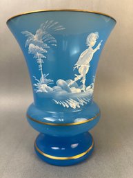 Blue And White Hand Painted Vase With Gold Trim.